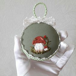 Green pincushion pillow ribbon embroidery, needle case with embroidered mushroom , embroidered pin accessory