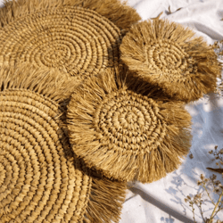 SET OF 6 Fringe Raffia placemats | Wicker Seagrass placemats | Round natural raffia placemats | indonesia handmade place