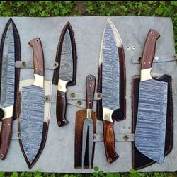 Custom Handmade HAND FORGED DAMASCUS STEEL 6 PCS CHEF KNIFE Set Kitchen Knives with leather sheath mk3905m