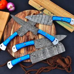 custom handmade damascus steel chef knives 5 pc set, bbq knife bundle, kitchen cutlery gift set, housewarming gift