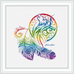 Cross stitch pattern Dream catcher feathers Wolf silhouette Indian ethnic rainbow amulet counted crossstitch patterns