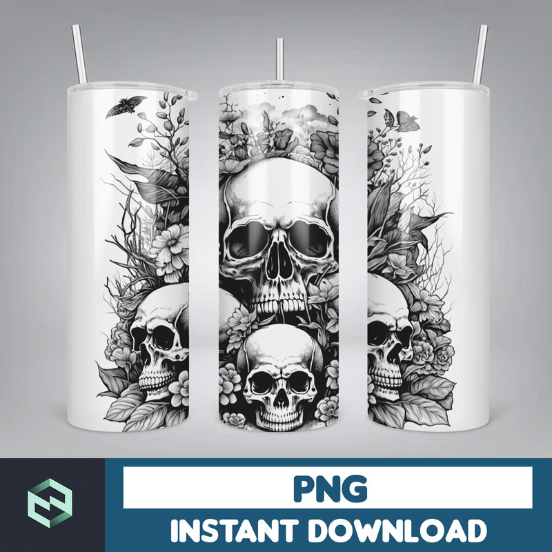 Skull Bundle 20 oz Skinny Tumbler Sublimation Design, Mystical Watercolor Skulls, Digital Download, Straight & Tapered Tumbler Wrap PNG (20).jpg