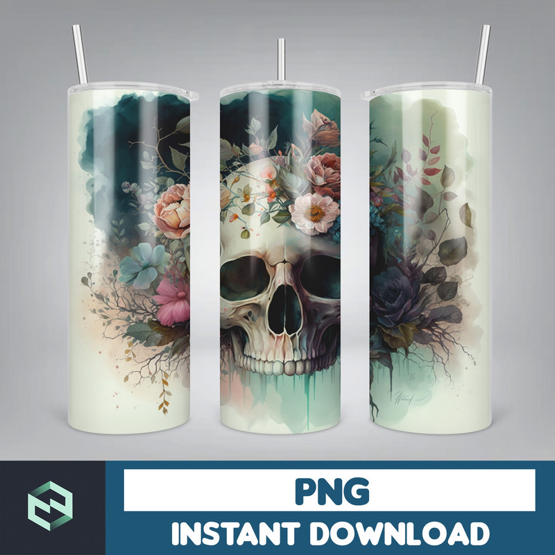 Skull Bundle 20 oz Skinny Tumbler Sublimation Design, Mystical Watercolor Skulls, Digital Download, Straight & Tapered Tumbler Wrap PNG (23).jpg
