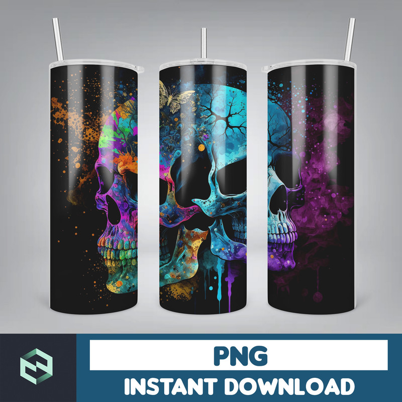 Skull Bundle 20 oz Skinny Tumbler Sublimation Design, Mystical Watercolor Skulls, Digital Download, Straight & Tapered Tumbler Wrap PNG (7).jpg