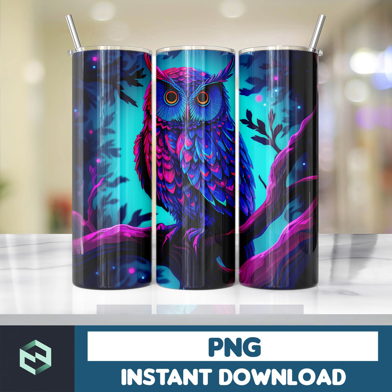 Owl Tumbler, 20 oz Skinny Tumbler Sublimation Design, Bright Neon, Digital Download, Straight & Tapered Tumbler Wrap PNG (127).jpg