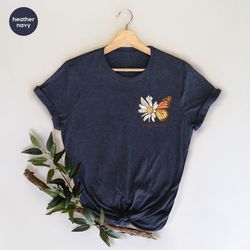 aesthetic butterfly shirt, floral pocket graphic tees, minimal butterfly spring tshirt gifts, minimalist flowers tshirts
