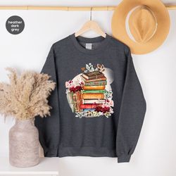 books and flowers sweatshirt, librarian long sleeve shirt, reading gifts for bookworm, retro wild flower books hoodies,