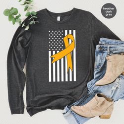 cancer awareness hoodies and sweaters, cancer survivor crewneck sweatshirt, cancer fighter gifts, gold cancer ribbon lon