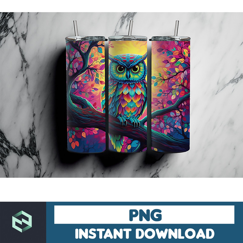 Owl Tumbler, 20 oz Skinny Tumbler Sublimation Design, Bright Neon, Digital Download, Straight & Tapered Tumbler Wrap PNG (68).jpg