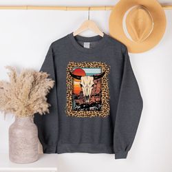 cow skull graphic tee, southern shirt, western shirt, boho hippie style bull skull desert shirt, unisex crewneck leopard