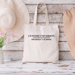 custom university tote bag, pharmacy school tote bag, custom design university tote bag, personalized college name tote