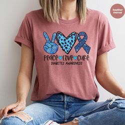 diabetes awareness blue ribbon shirts for diabetes warrior, peace love cure awareness tshirts, diabetes support graphic