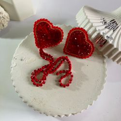 Long Tassel heart red Full Rhinestone Drop mono Earrings Crystal studs Bling Earrings Dangle Drop Valentine's Day gift