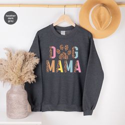 dog mama leopard print crewneck long sleeve shirts, aesthetic dog mom paw graphic hoodies, gifts for dog mom, retro dog