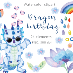 Dragon birthday Watercolor clipart, PNG