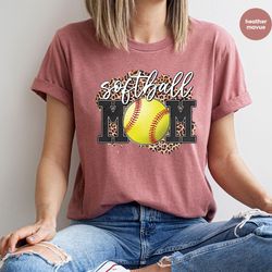 leopard print softball mom graphic tees, softball mom crewneck sweatshirt, softball gifts for softball fan mama, sports