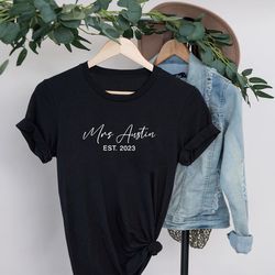 mrs last name personalized, bride, groom, wifey, honeymoon bachelorette party, engagement gift shirt, rehearsal