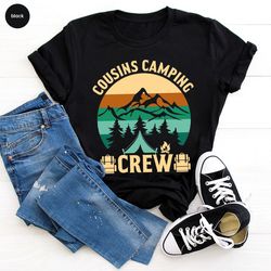 retro cousins camping crew graphic shirt, vintage camp graphic tees for cousins, cousin crew camping crewneck shirts, co