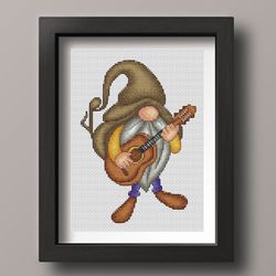 Gnome cross stitch pattern PDF, Gnome with guitar, Music cross stitch, Country gnome, Counted cross stitch