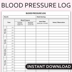 Printable Blood Pressure Log, Daily Blood Pressure Tracker, Health Monitoring Log, Medical Tracker, Editable Template