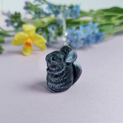 chinchilla necklace miniature cute figurine black color of fur made from polymer clay
