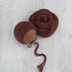 Knitted wraps for newborns, Brown hat and wrap