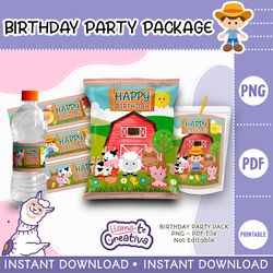 Farm Boy Party Pack, Farm Boy Chip Bag, Bottle label and juice pouch bag label, instant download, not editable