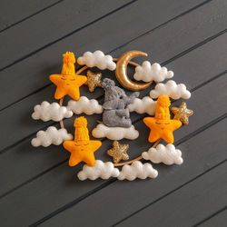 Elephant baby mobile with clouds and stars Gray and yellow Crib cot baby mobile Musical nursery decor