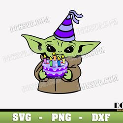 Grogu with Cake and Hat SVG Cut Files for Cricut Birthday Party PNG image The Mandalorian DXF file