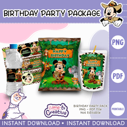 Mickey Safari Party Pack, Mickey Safari Chip Bag, Bottle label and juice pouch bag label, instant download, not editable