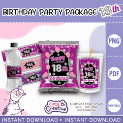 Happy 18th Party Pack, Happy 18th Chip Bag, Bottle label and juice pouch bag label, instant download, not editable
