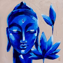Buddha Painting Meditation Original Art Indian Artwork Spiritual Wall Art Oil Painting 10 by 10 inches