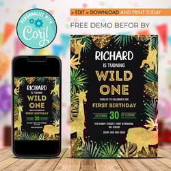 personalization gold animals birthday invitation, gold safari party invitation corjl editable