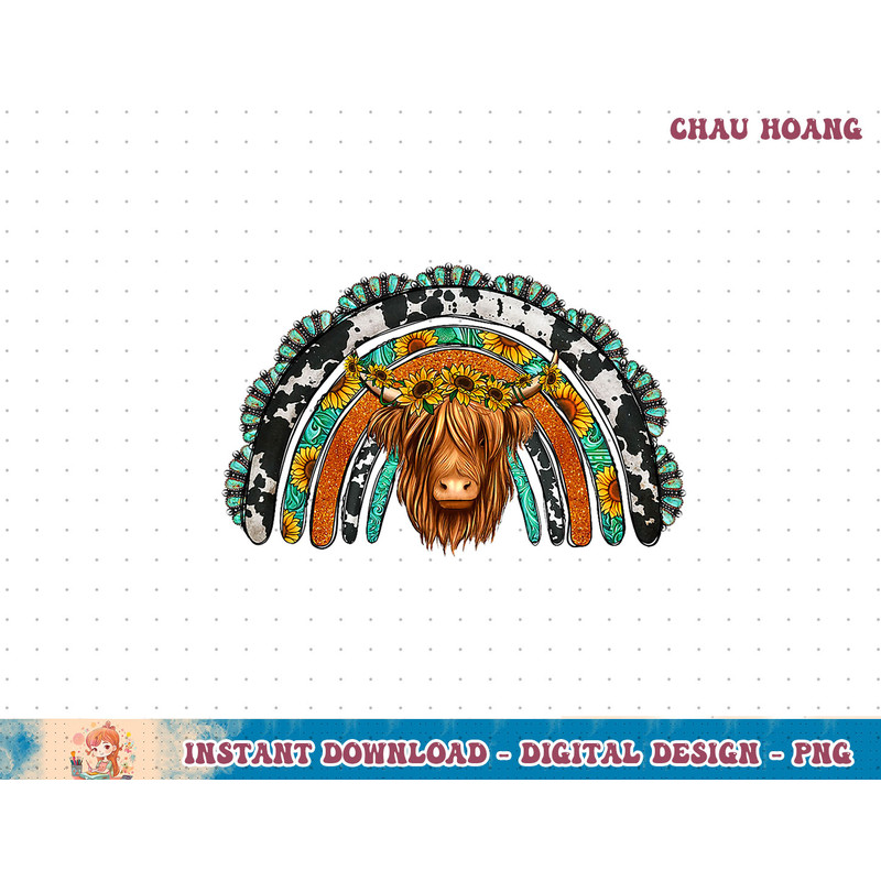 Turquoise Cowhide Sunflower Rainbow Highland Hairy Cow Lover T-Shirt copy.jpg