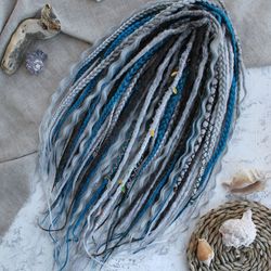 Gray/Blue Mix Crochet Natural Look Synthetic Dreadlock Braid Hair Extensions Boho Dreads Double Ended DE