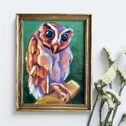 Owl Painting Original Bird Artwork Oil On Panel 9x12 Inch Wild Animal Wall Art Wildlife Home Decor