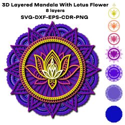 3D Layered Mandala With Lotus Flower for Laser Cut, Cricut, Glowforge, Silhouette Cutting Machine,  Mandala Svg