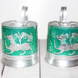 Vintage Cup Holder Tea,Vintage podstakannik set of 2 Soviet aluminum rare antiqu