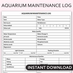 Printable Aquarium Maintenance Log, Fish Tank Care Tracker, Aquarium Water Monitoring, Aquarium Care Journal