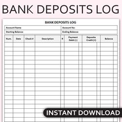 Printable Bank Deposits Log, Financial Organizer, Bank Account Log, Deposit Record, Banking Log, Editable Template