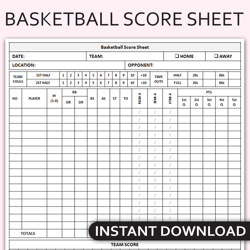 Printable Basketball Score Sheet, Team Scoring Tracker, Basketball Game Stat Sheet, Basketball Scorekeeper Template