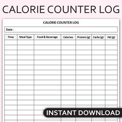 Printable Calorie Counter Log, Daily Food Intake Tracker, Nutrition Journal, Healthy Eating Planner, Editable Template