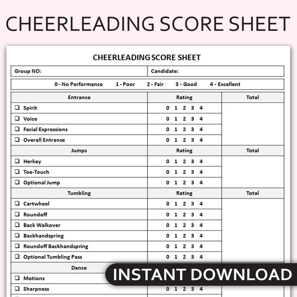 Printable Cheerleading Score Sheet, Cheer Competition Tracke Inspire
