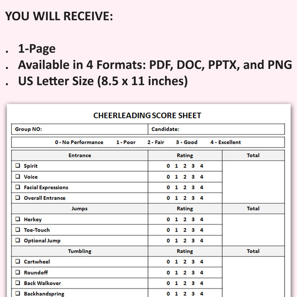 Printable Cheerleading Score Sheet, Cheer Competition Tracke Inspire