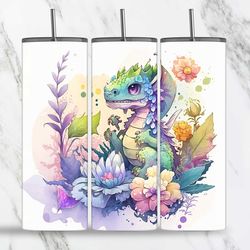 colorful chibi dragon 20 oz skinny tumbler, colorful floral dragon straight & tapered tumbler wrap png, sublimation desi