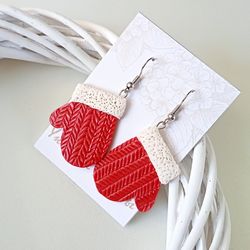 Red knitted mittens earrings/Christmas earrings/Xmax posts/Celebration gift/NEW YEAR Party Earrings/Holiday earrings