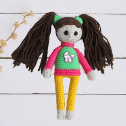 Personalized doll little girl gift soft toy green sweater, toy Tilda doll, crochet doll gift baby organic toy baby room