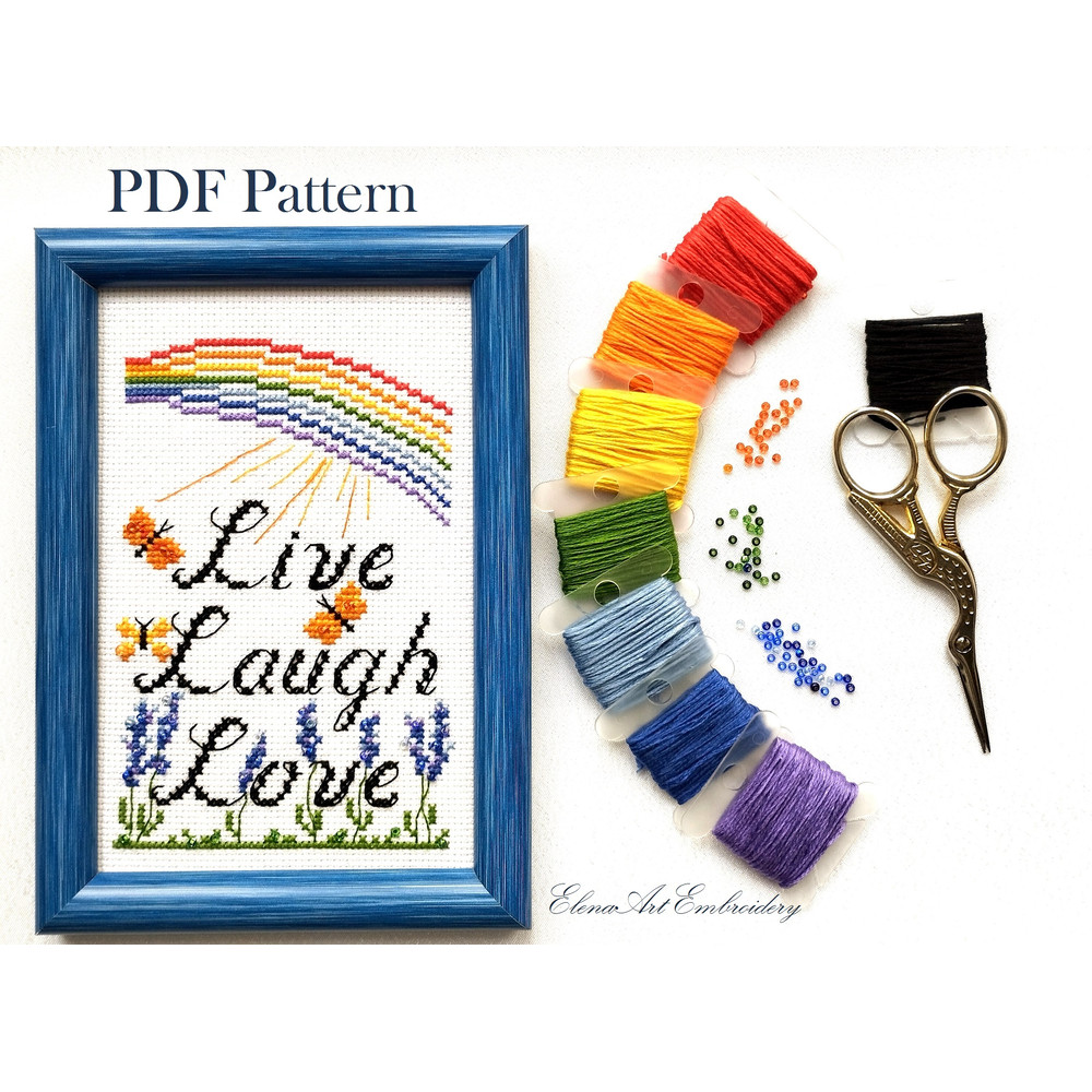 Live Laugh Love Cross Stitch Pattern, Lavender Embroidery, Rainbow Embroidery , Butterflies Embroidery, Beginner Embroidery, Easy Cross Stitch Pattern, Motivati