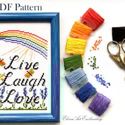 live laugh love. lavender rainbow butterflies embroidery. beginner easy embroidery. motivational phrase. positive quote