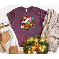 christmas light shirt, highland cow shirt, christmas highland cow, western christmas shirt, christmas family shirt, high